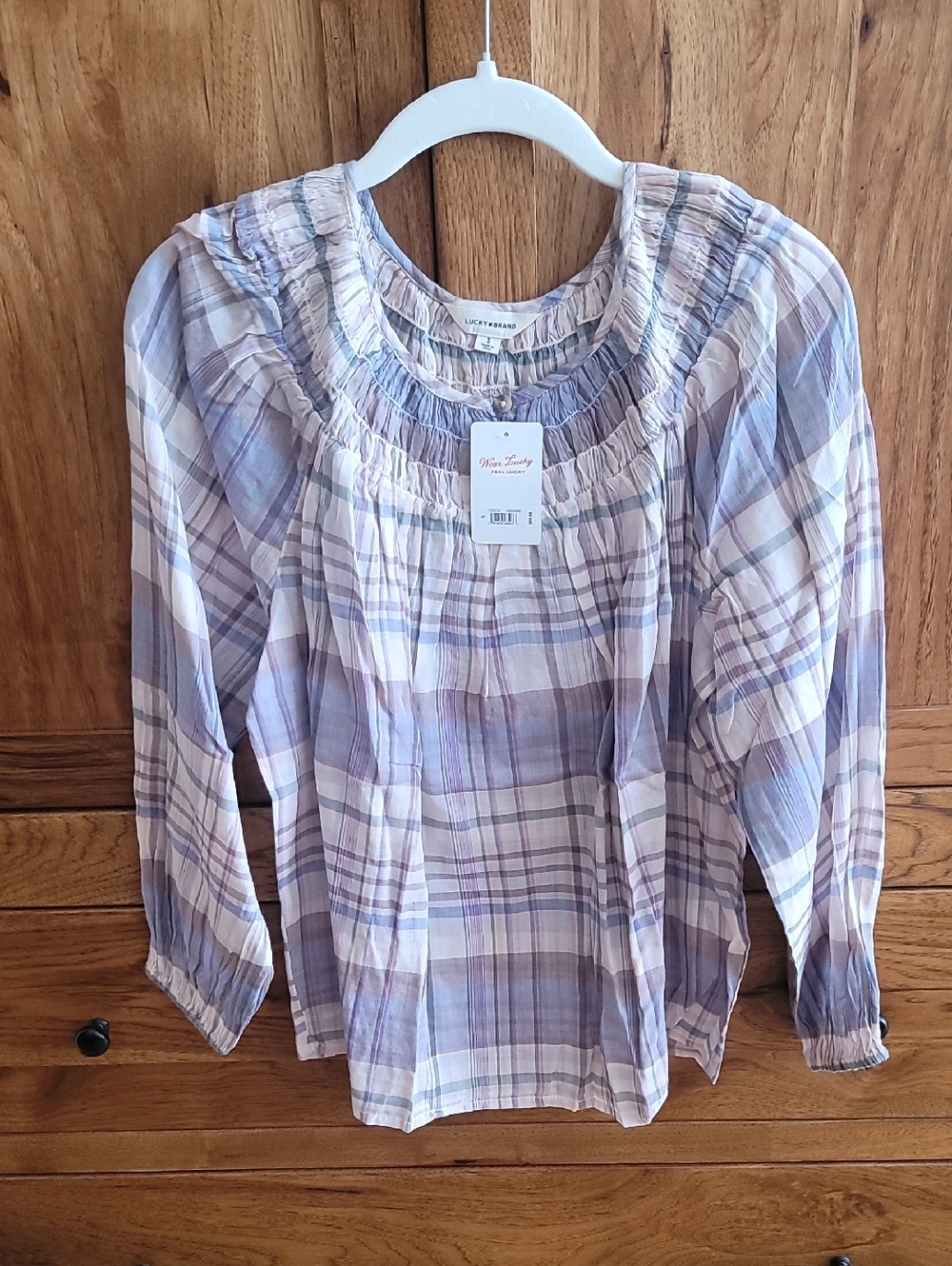 Light Plaid Peasant Blouse in Lavender and Cream